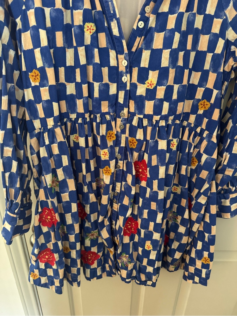 Anthropologie Maeve Checkered and Floral Long Sleeve Mini Dress size Medium - Picture 4 of 13